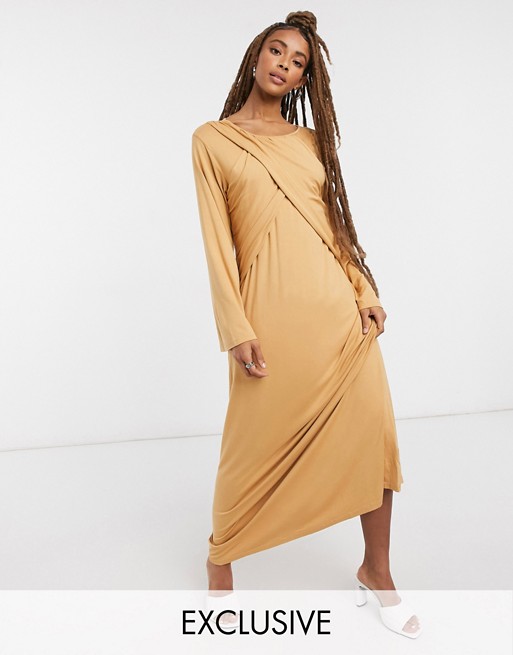 Verona maxi dress with long sleeves and cross pleat detail in camel