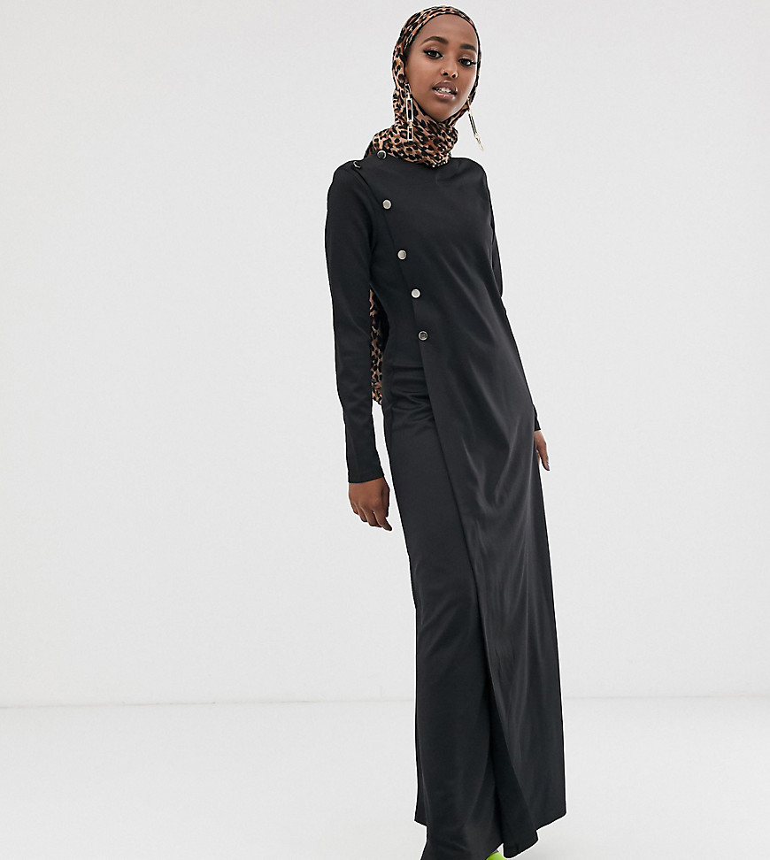 Verona - Maxi-jurk met lange mouwen en knopen in zwart