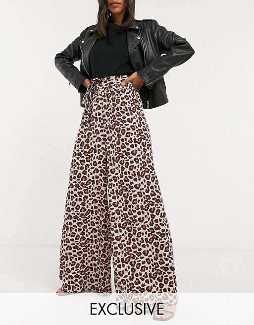 Verona wide leg trousers with belted waist in leopard print