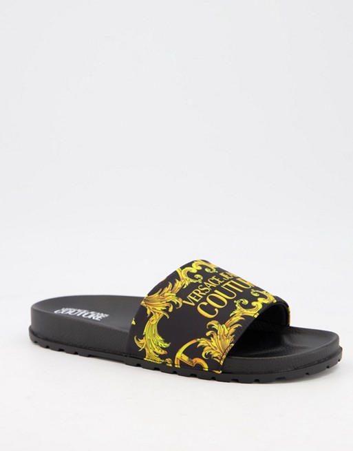 Versace Jeans Couture baroque print sliders in black