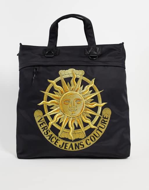 Versace Jeans Couture – Czarna torba typu tote z wyhaftowanym motywem słońca