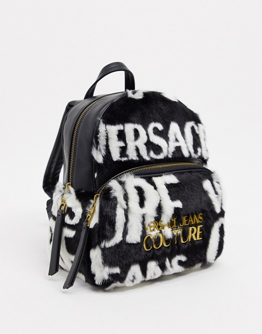 Versace Jeans Couture faux fur logo backpack in black
