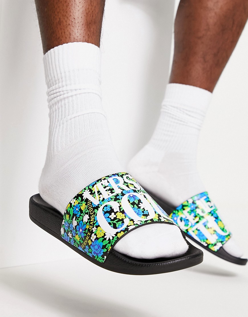 versace jeans couture floral print sliders in multi
