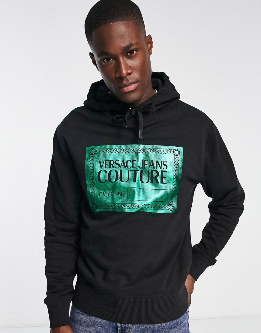 versace jeans couture iridescent piece foil print hoodie in black