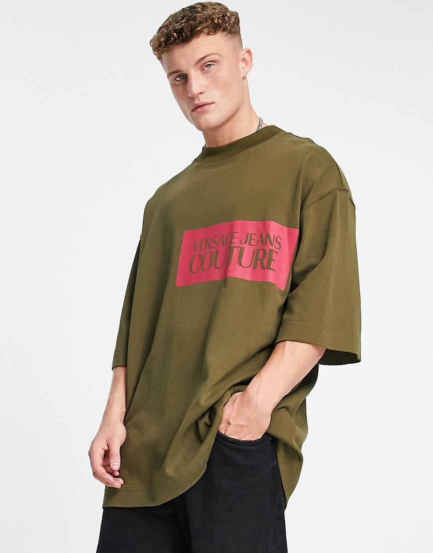 Versace Jeans Couture logo sq oversized t-shirt in khaki-Green