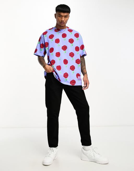 Versace Jeans Couture – Niebieski T-shirt z nadrukiem w róże, 3 z 4