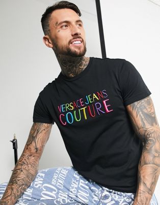 Versace Jeans Couture rainbow logo t-shirt in black | ASOS