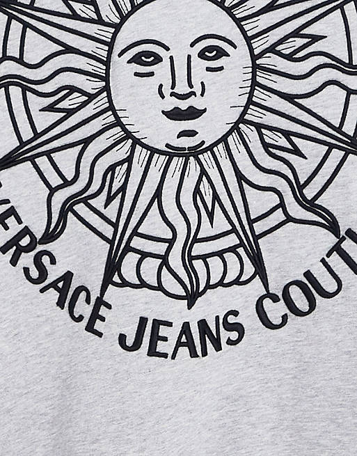 Mens Clothing Activewear Grey Versace Jeans Couture Denim Sun Embroidered Hoodie in Grey gym and workout clothes Hoodies for Men 