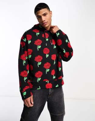 Versace Jeans Couture - Sweat à capuche à imprimé roses - Noir