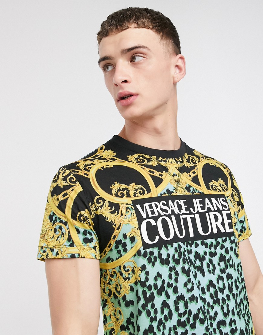 Versace Jeans Couture - T-shirt leopardata blu con logo e stampa di catene