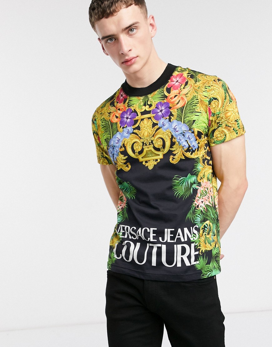 Versace Jeans Couture - T-shirt nera con logo e stampa jungle-Nero