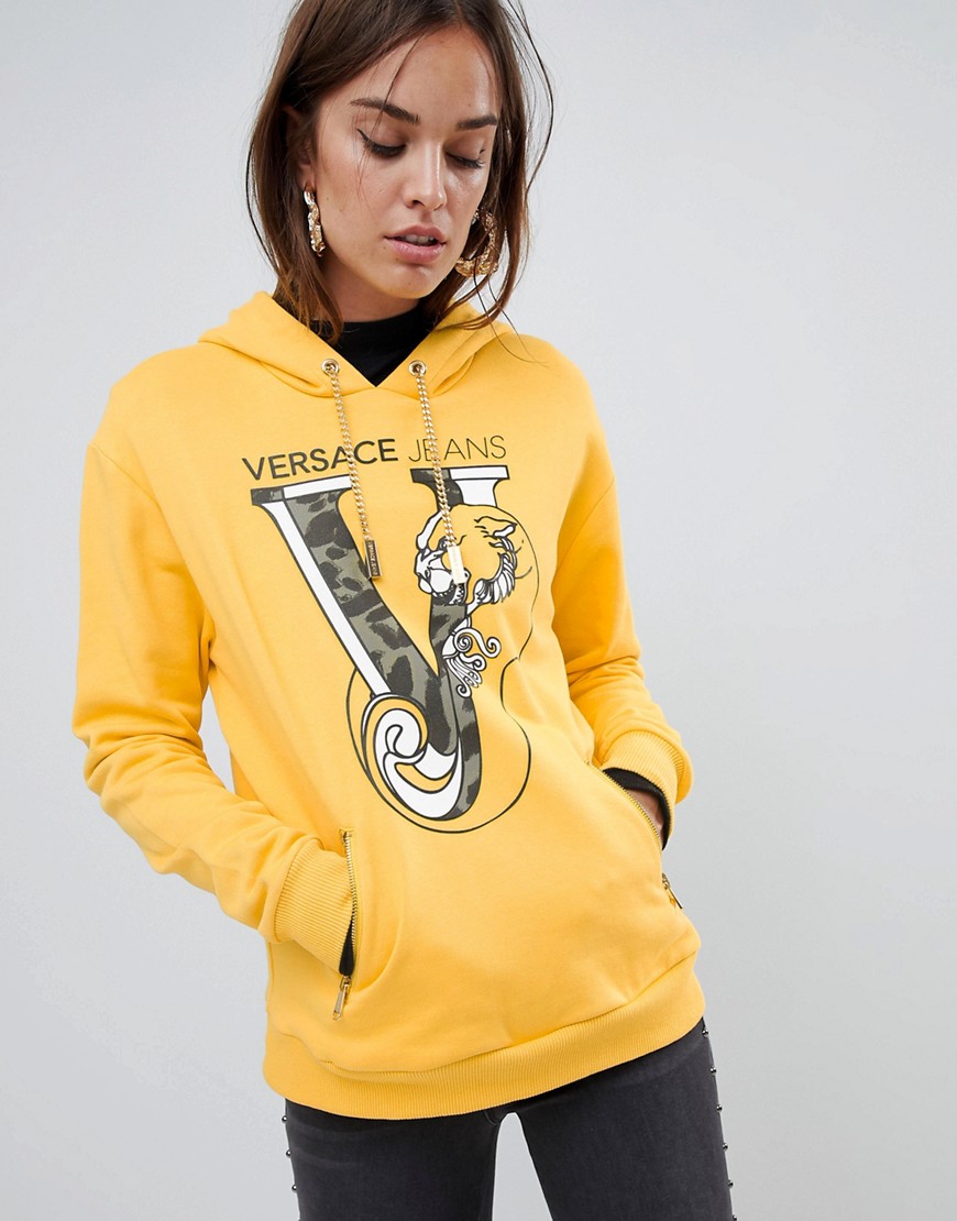 Versace Jeans — Hættetrøje med leopardprintet logo og kædedetalje-Gul