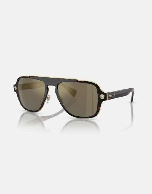 Versace - Occhiali da sole irregolari tartarugati marrone scuro con lenti a specchio color oro
