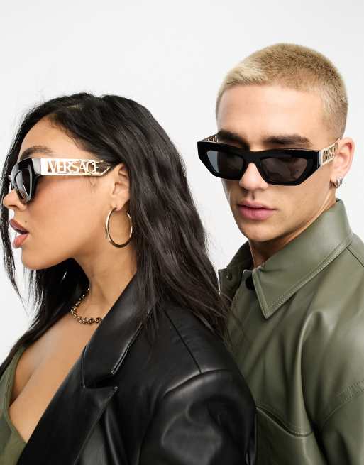 Versace Occhiali da sole rettangolari neri con dettagli dorati ASOS