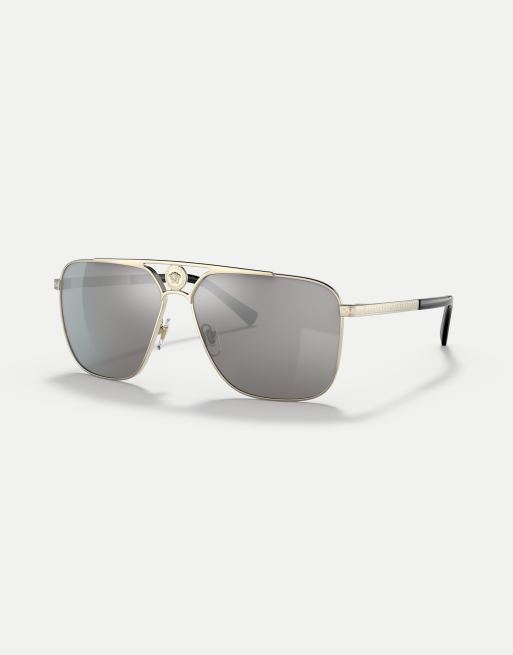 Versace rectangle sunglasses in gold with silver mirrored lens in pale gold