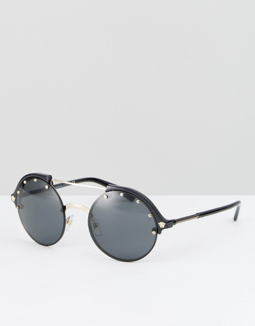 Versace round sunglasses with double brow bar-Black