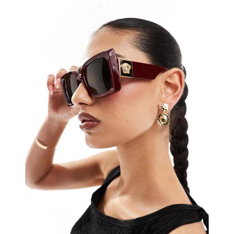 Versace square angular sunglasses in burgundy | ASOS display picture 1