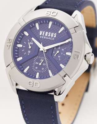 Versus Versace Versus Versace blue dial and pebbled leather strap watch in blue