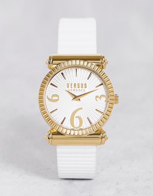 Versus Versace oversized white dial and white real leather strap watch