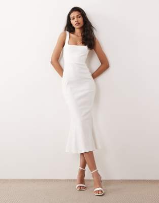 Vesper - Ärmelloses Bengaline-Midikleid in Weiß mit eckigem Ausschnitt und Schwalbenschwanzsaum