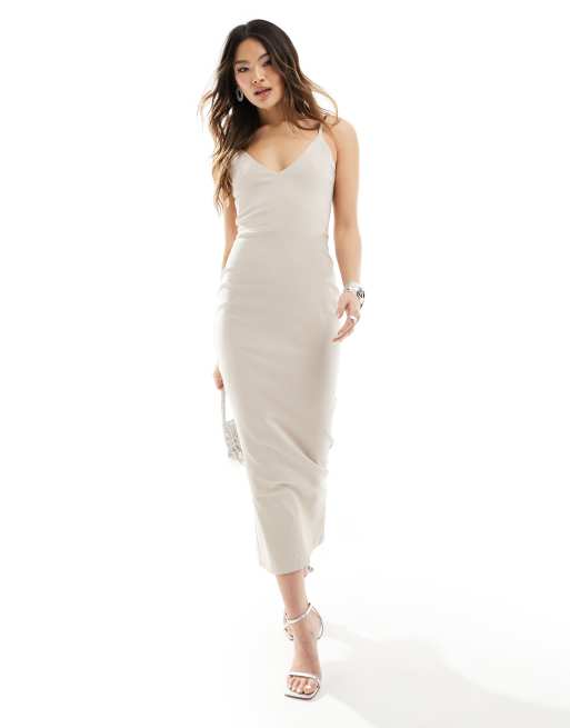 Vesper – Ärmelloses Midaxikleid aus Bengaline in Taupe mit tiefem Ausschnitt