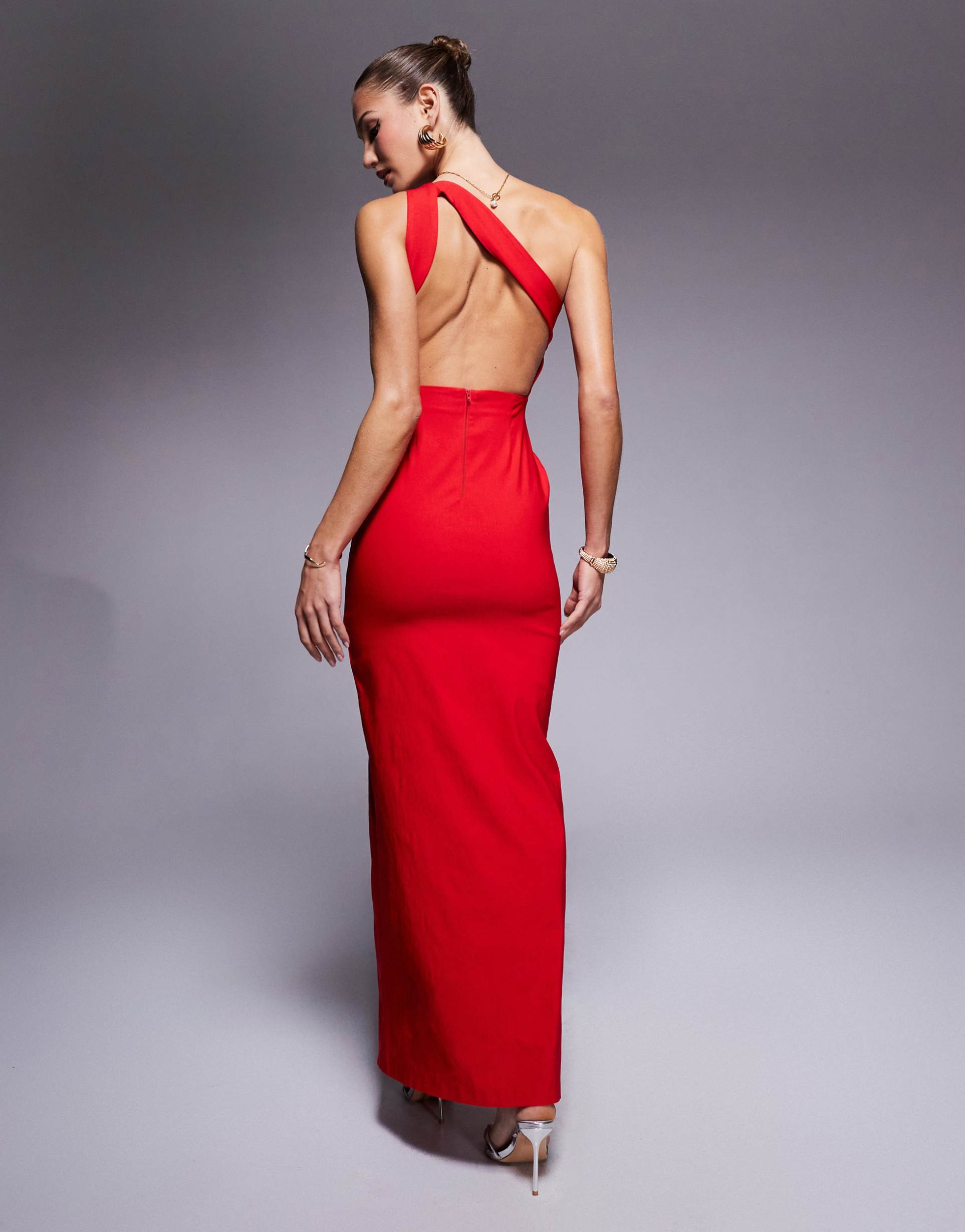vesper asymmetric backless maxi dress with thigh split in red