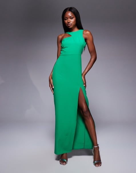 Vesper Asymmetric maxi dress with thigh split in emerald - view 1