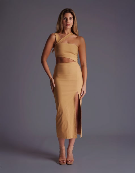 Vesper Asymmetric neckline midaxi dress with cut outs in camel