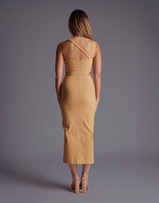 Vesper Asymmetric neckline midaxi dress with cut outs in camel, 2 of 4