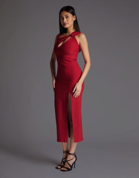Vesper Asymmetric neckline midaxi dress with thigh split in wine - view 1