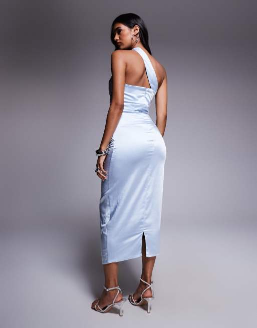 Vesper Asymmetric satin midi dress in blue, 3 of 4