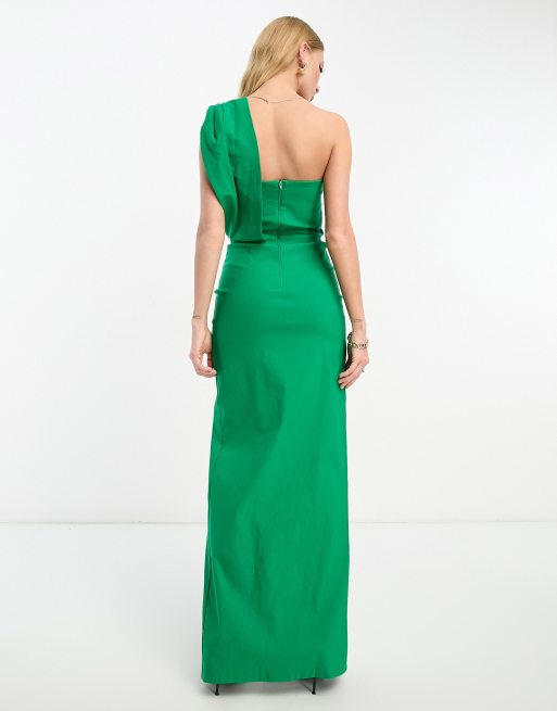 Vesper – Asymmetrisches Maxikleid aus Bengaline in Grün mit One-Shoulder-Träger und Faltendetail, 4 von 4