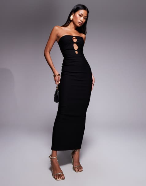 Vesper Bandeau bodycon maxi dress with cutouts in black