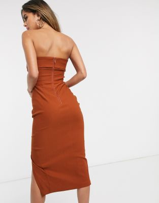 vesper bandeau midi dress with thigh split in stone