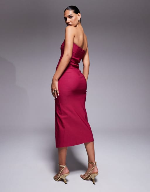 Vesper Bandeau fold over midaxi dress in raspberry, 2 of 4