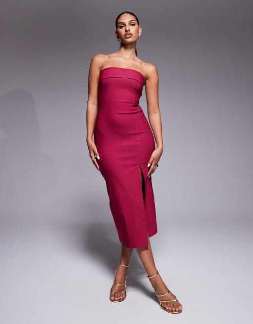 Vesper Bandeau fold over midaxi dress in raspberry, 4 of 4