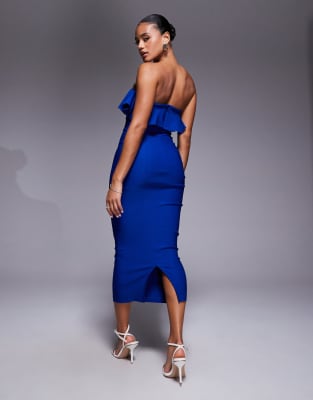 Vesper Bandeau Foldover Ruffle Detail Midi Dress In Blue