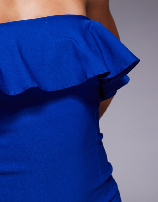 Vesper bandeau foldover ruffle detail midi dress in cobalt, 4 of 4