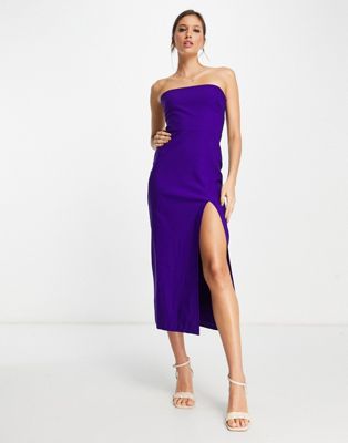 Vesper bandeau midi dress with thigh split in purple