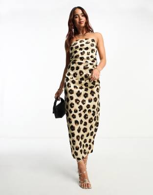 Vesper Bandeau Midi Dress In Cream Lepoard-White