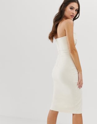 vesper bandeau midi dress with thigh split in stone