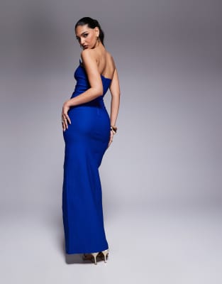 Vesper Bandeau Square Edge Side Split Midaxi Dress In Blue