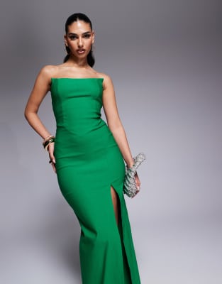 Vesper Bandeau Square Edge Side Split Midaxi Dress In Green