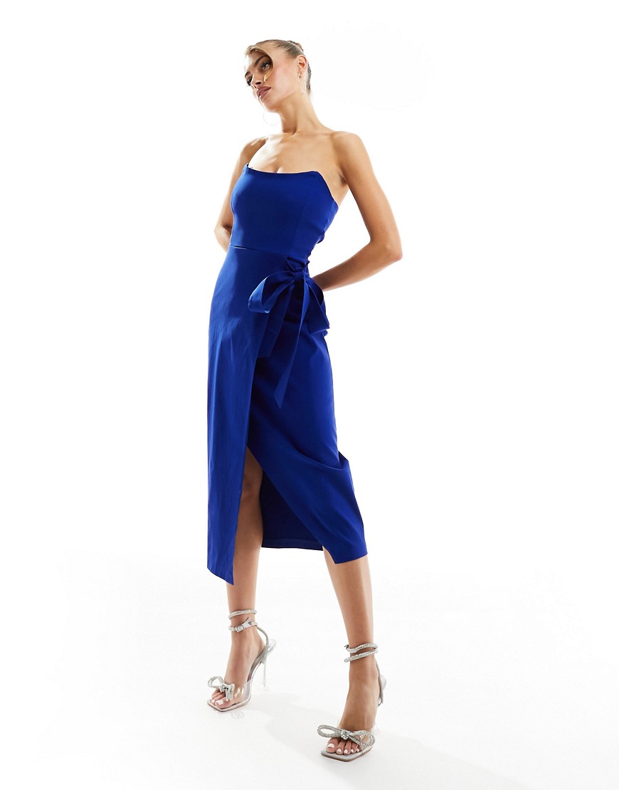 bandeau tie side tulip skirt midi dress in cobalt-Blue