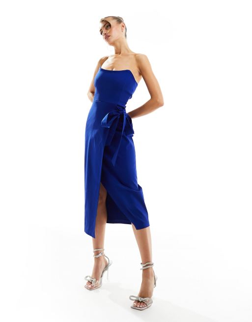 Vesper bandeau tie side tulip skirt midi dress in cobalt | ASOS