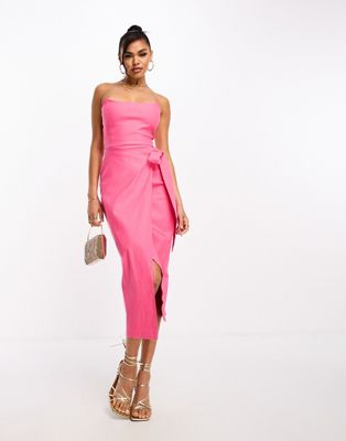 Vesper Bandeau Tie Side Tulip Skirt Midi Dress In Coral Pink