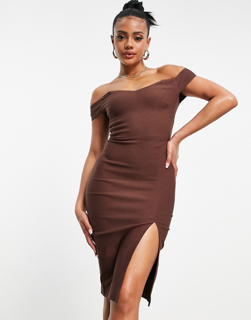 Vesper bardot body-conscious dress with thigh split in brown