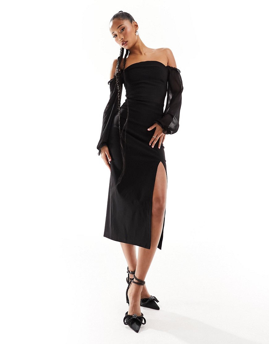 bardot contrast chiffon sleeve thigh split midi dress in black