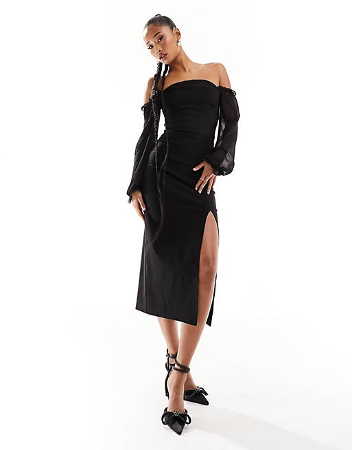 Vesper bardot contrast chiffon sleeve thigh split midi dress in black ...