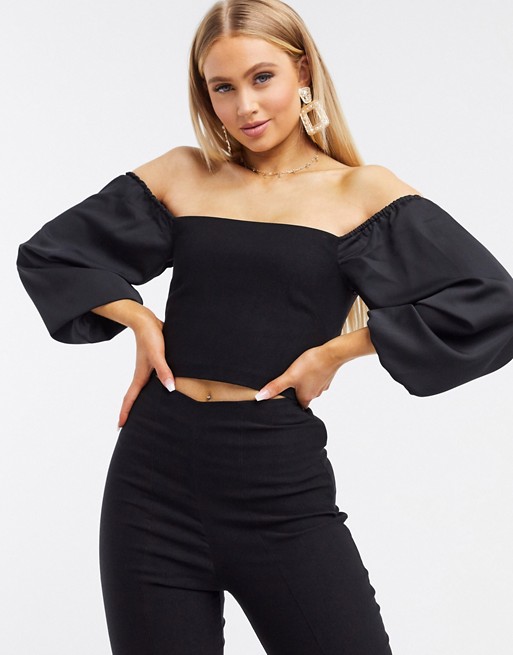 Vesper bardot crop top with long fluted sleeves co ord in black